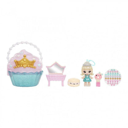 Cupcake Beauty Bag playset with doll: teal bag, pink vanity, lip gloss and compact toys