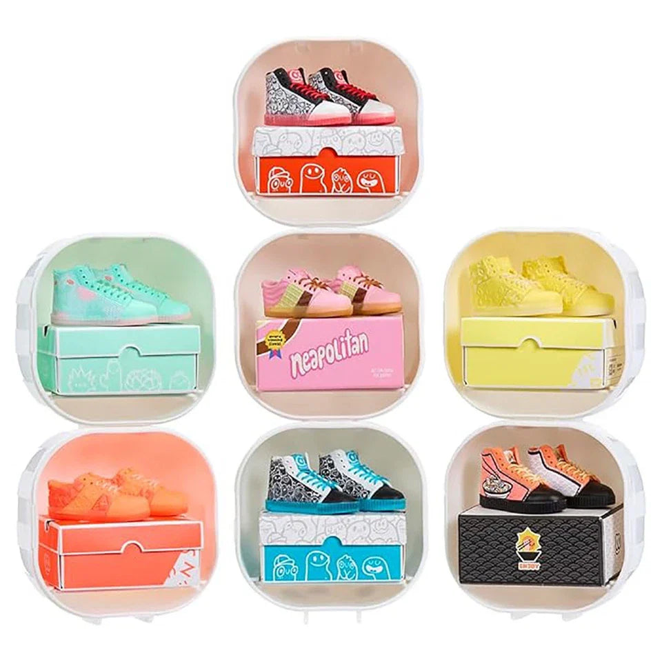 Mini sneaker styles in clear windows: teal, pink, yellow, orange, blue, and black