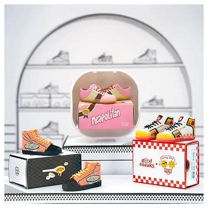 Mini sneaker display with Neapolitan pink pair plus black and pizza-themed shoe boxes