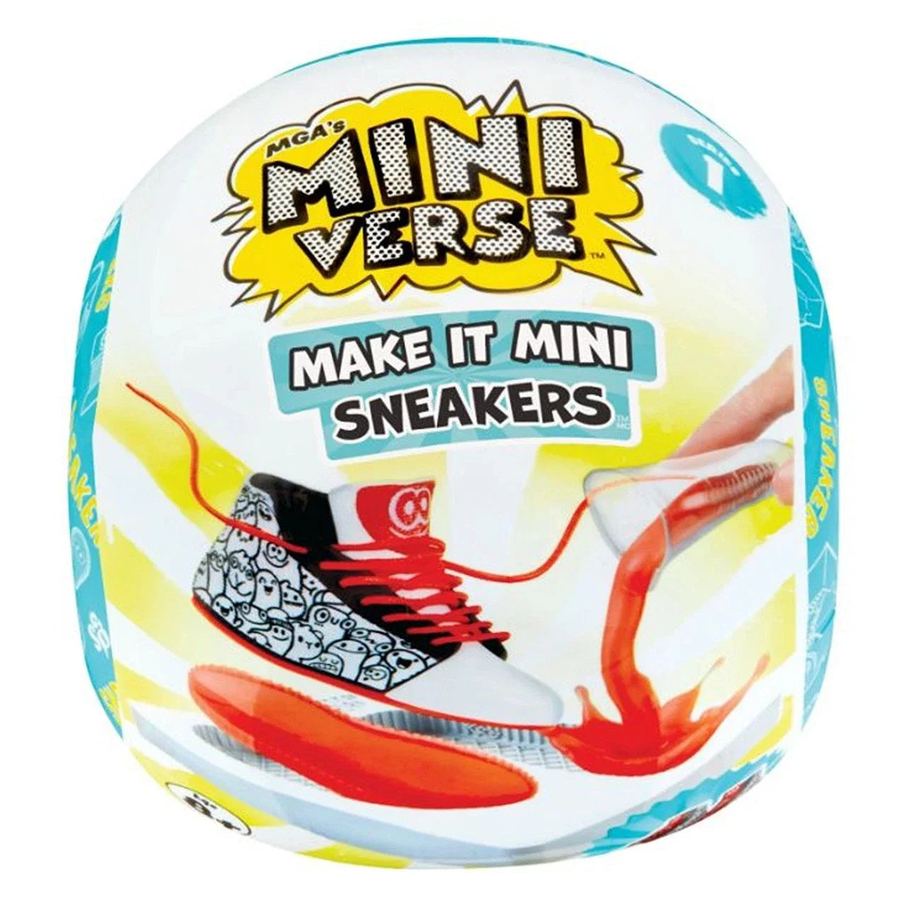 Mini Sneakers PDQ ball packaging with MGA Miniverse and Make It Mini Sneakers branding