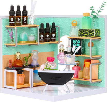 Mini fragrance lab playset with tiered shelves, small spray bottles, and containers