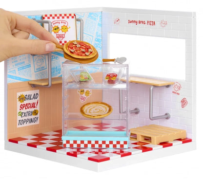 MGA's Miniverse spaces starter pack miniature kitchen set with clear case, pizza base, toppings