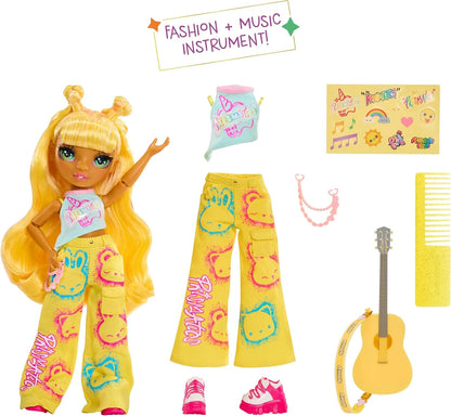 Sunny doll in yellow graphic pants and pink sneakers holding a yellow guitar