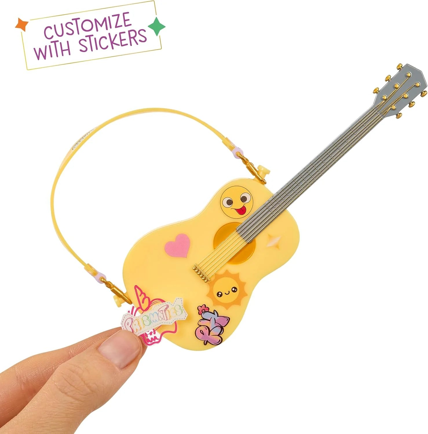 Yellow guitar accessory with attached sticker and charm necklace for customization