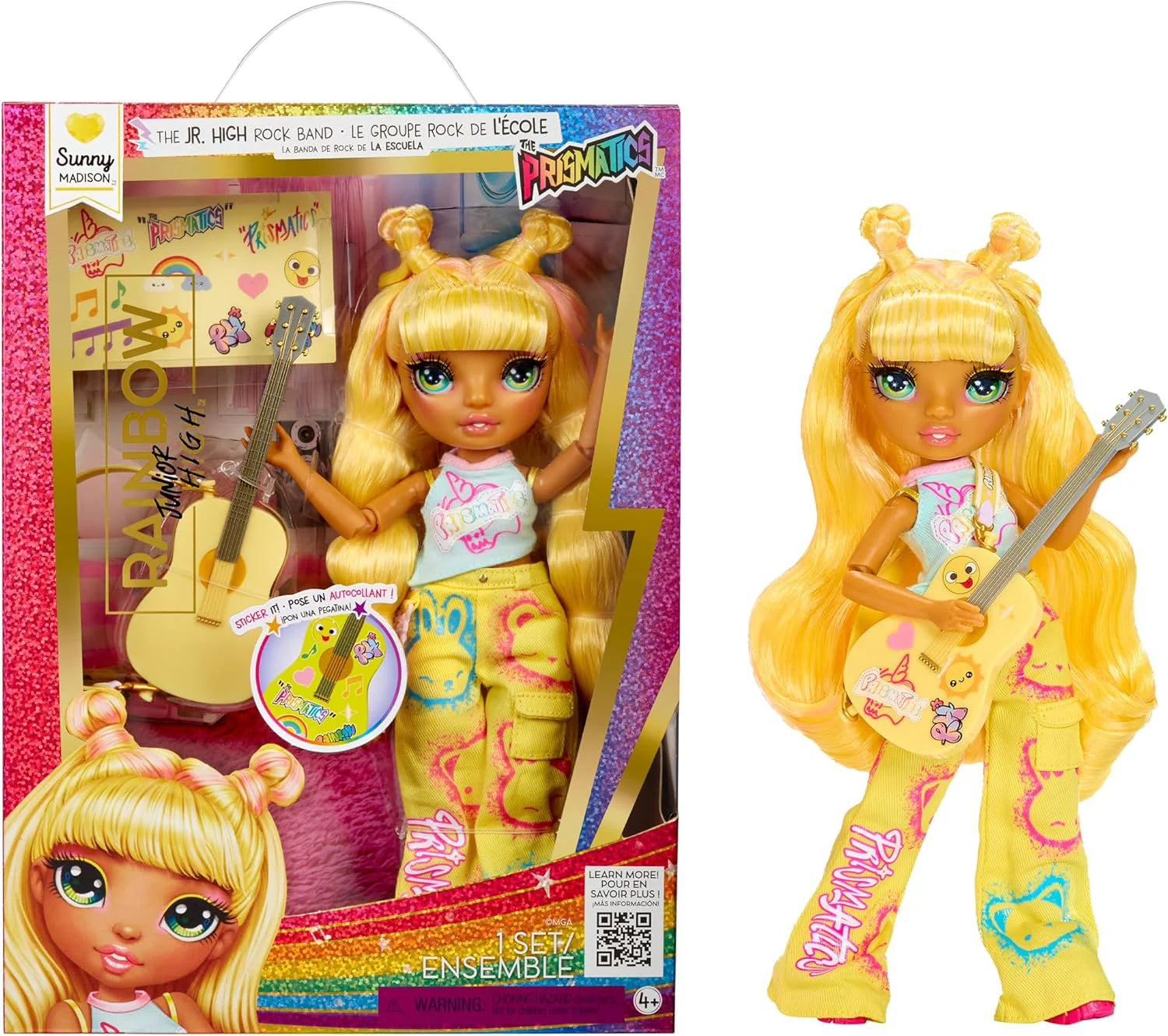 Sunny yellow fashion doll with long twin braids and rocking outfit, 23 cm