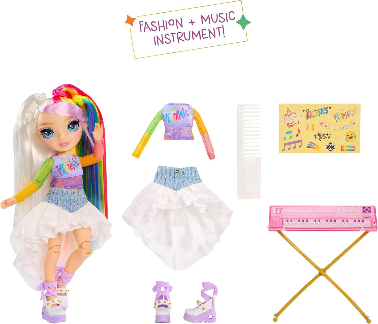Amaya Jr High doll in pastel top and skirt with rainbow hair and purple boots