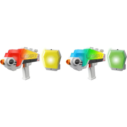 Double blaster set with two handheld gray blasters, red and green accents, hex targets