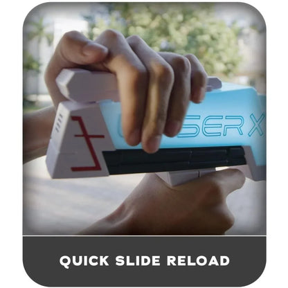 Hand holding a blue blaster with slide reload mechanism