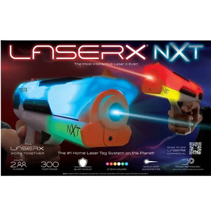 Boxed laser tag blaster toy with blue and red foam-style blaster on package