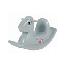 Light gray plastic rocking horse toy, side view with handle and molded mane
