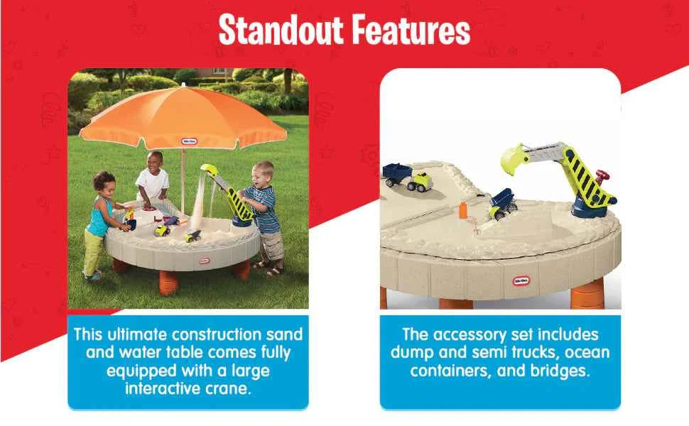 Construction sand and water table with orange umbrella and toy trucks in tub