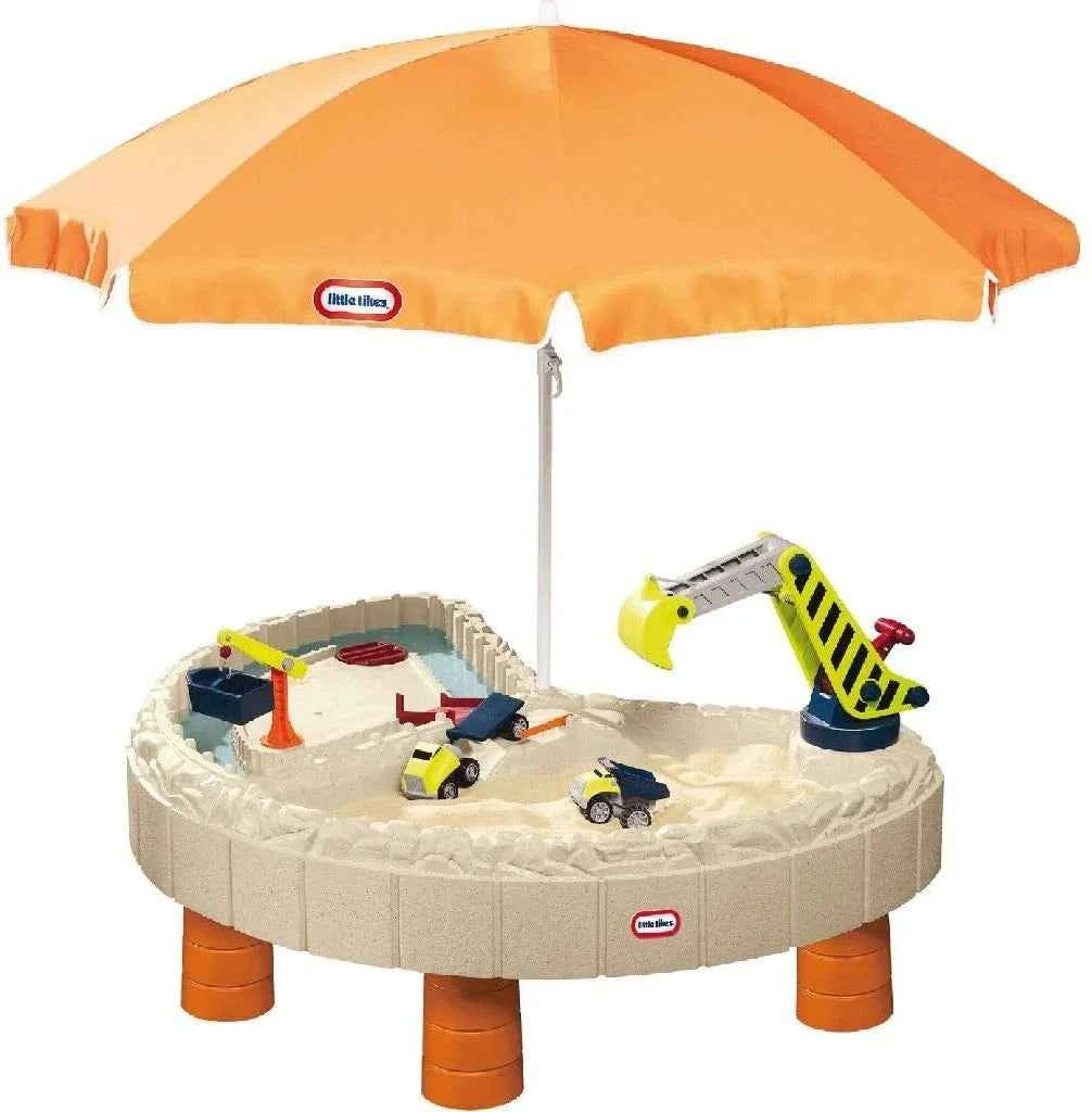 Construction sand and water table with orange umbrella and gray round tub