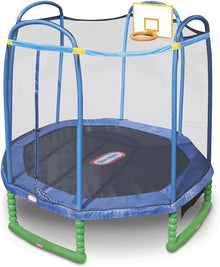 Sports trampoline with blue frame, safety net, dark mat, and green foam legs