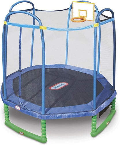 Sports trampoline with blue frame, safety net, dark mat, and green foam legs