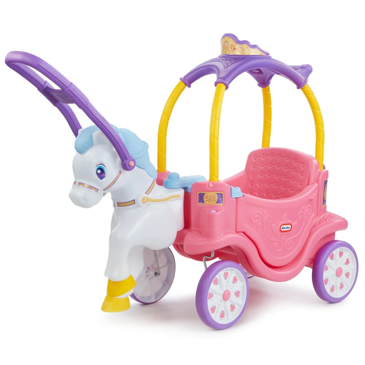 Horse-and-carriage ride-on toy: white horse, pink carriage, purple handlebar