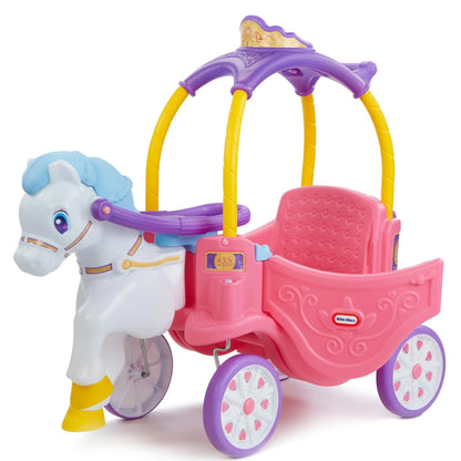 Horse-and-carriage ride-on toy: white horse, pink carriage seat, purple wheels