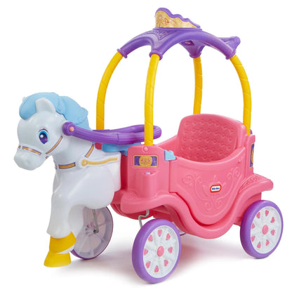 Horse-and-carriage ride-on toy: white horse, pink carriage, purple/yellow arches
