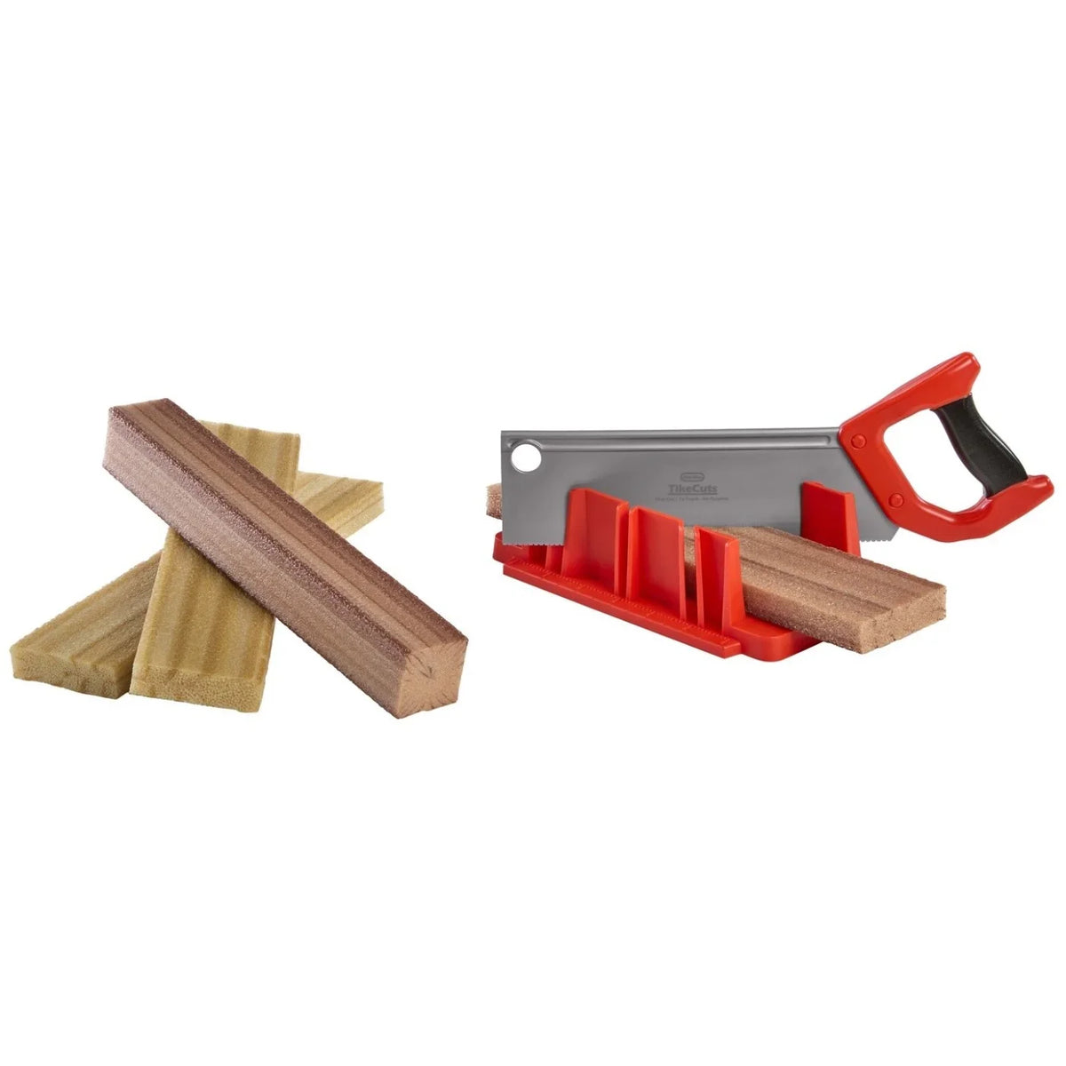 Construction measure and cut set with wooden strip pieces and red cutting tool
