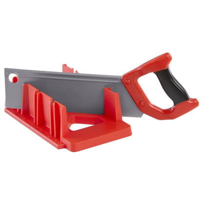 Construction measure and cut set tool with red handle and grey measuring plate