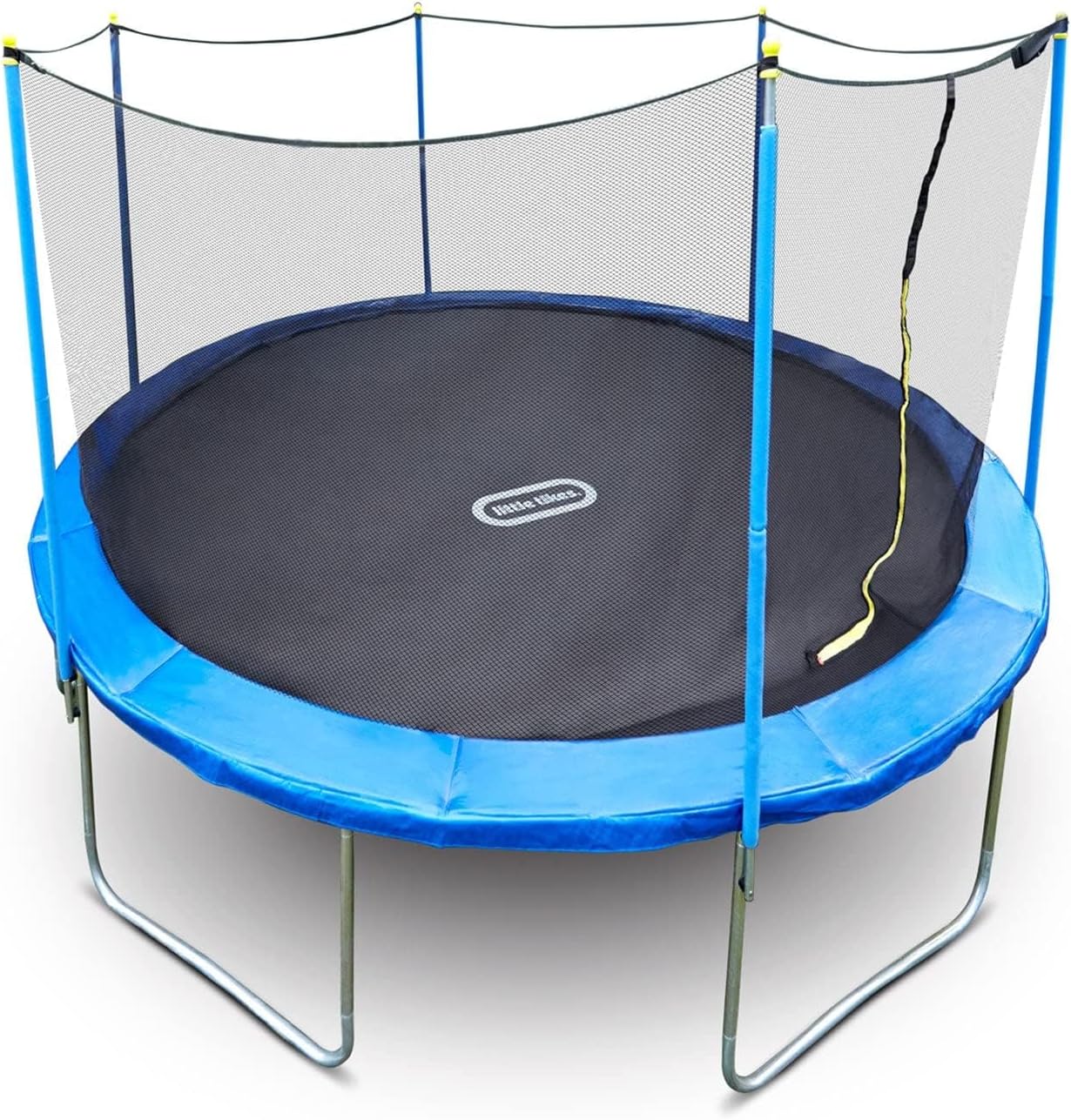 15-foot trampoline with safety net, blue frame and padding, black jumping mat