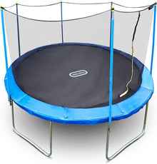15-foot trampoline with safety net, blue frame and padding, black jumping mat