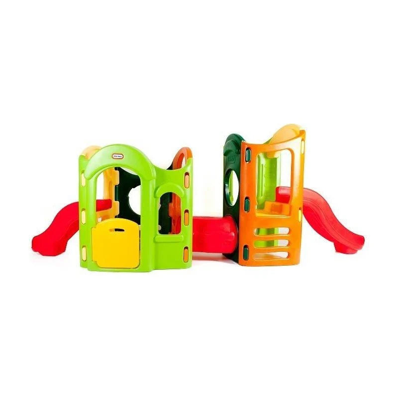 Plastic playground playset with two red slides and green-yellow play towers