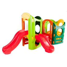 8-in-1 plastic playground playset with red slides and green-yellow panels