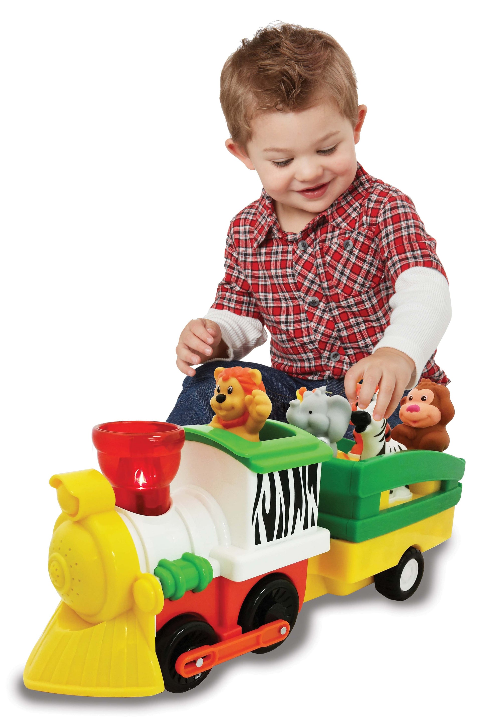 Toy steam locomotive with animal figures, being played with by a child.