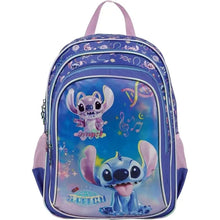 Kids character backpack, blue with purple trim, front zipper, top handle
