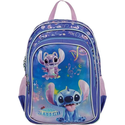 Kids character backpack, blue with purple trim, front zipper, top handle