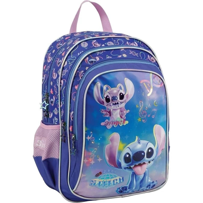 Kids character backpack, blue with mesh side pocket, front zipper, top handle