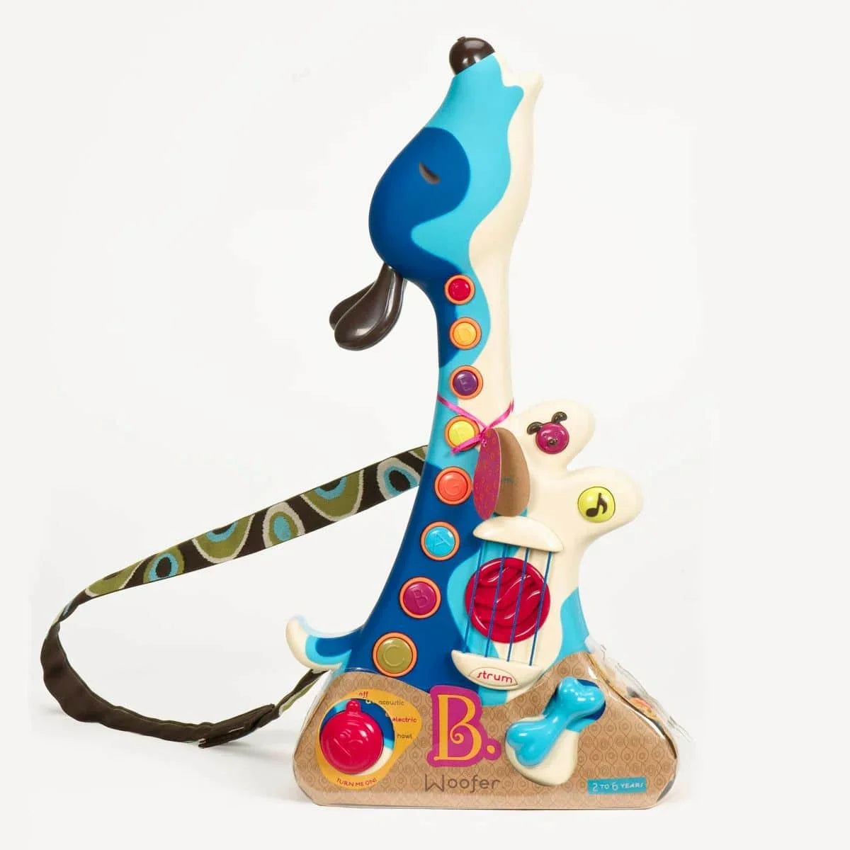 Blue and cream toy guitar with colorful buttons, strap, and wooden base