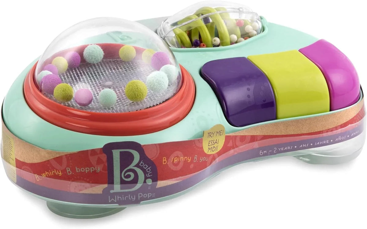 Colorful plastic pop-up toy base with domed top, green, purple, and multicolor rollers