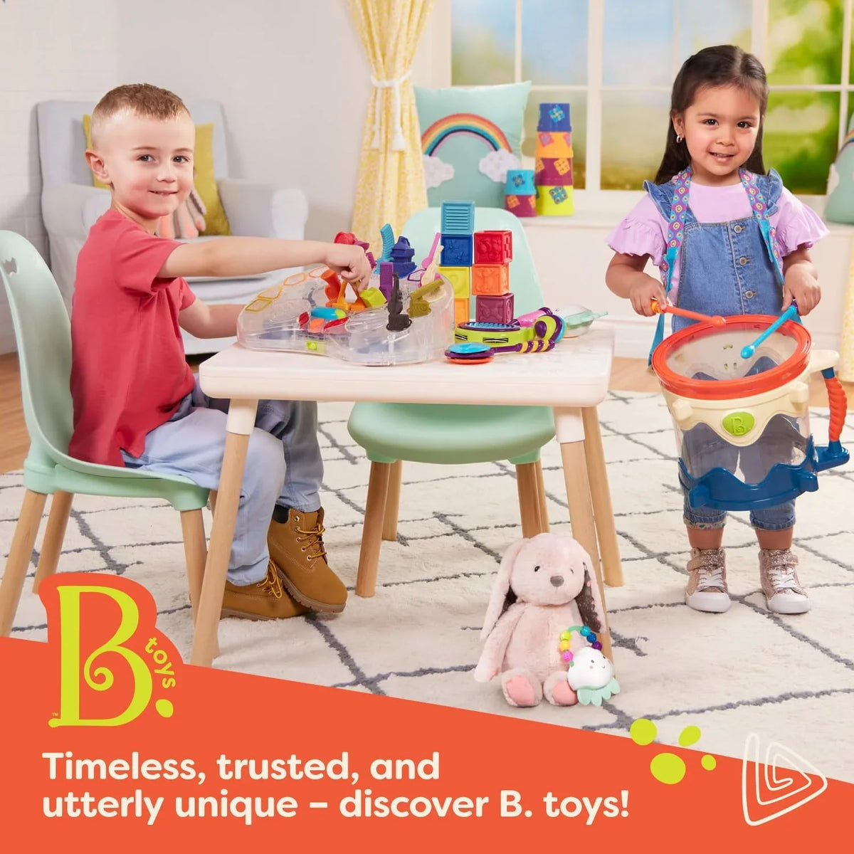 Multicolor pop-up toy on table with hinged purple and yellow launcher pieces