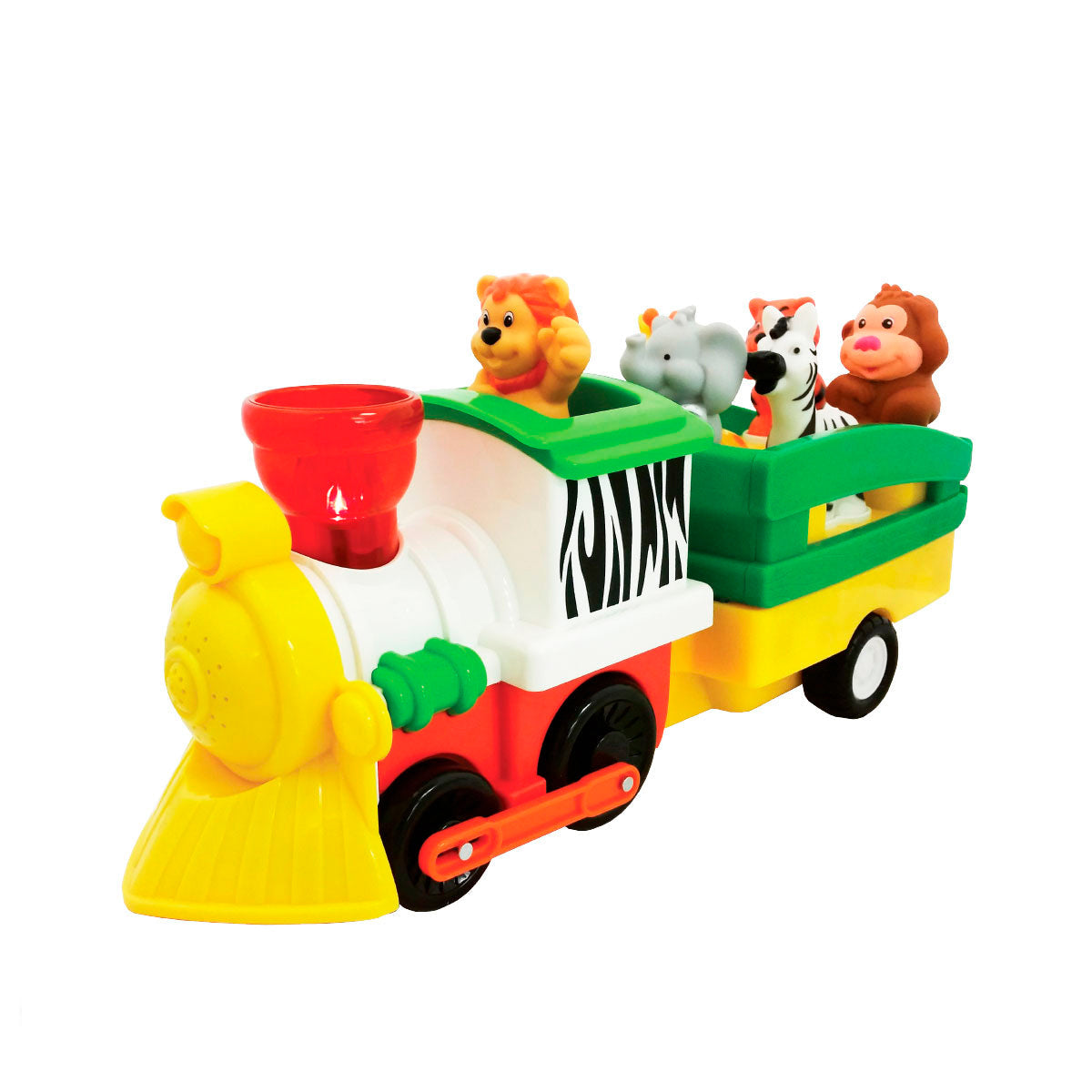 Colorful toy steam locomotive with animal figures on roof and red smokestack.