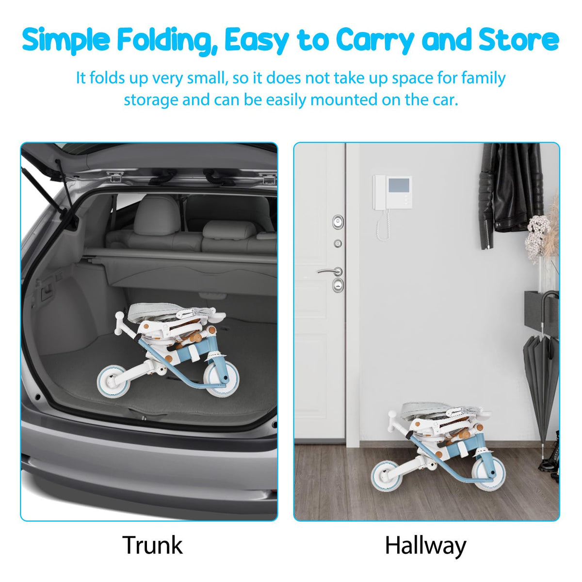 Folded multi-stage tricycle stroller in car trunk with canopy and blue frame