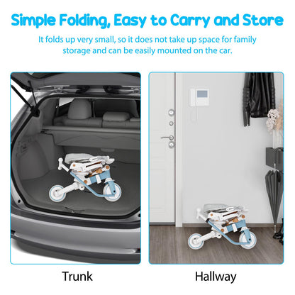 Folded multi-stage tricycle stroller in car trunk with canopy and blue frame