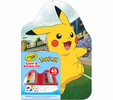 Crayola Pikachu Color & Sticker Kit box with open booklet and “over 45 pieces”