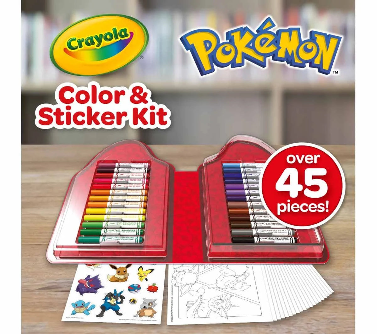Pokémon Color & Sticker Kit with crayons, coloring pages, and stickers in red case