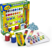 Washable kids' paint kit with watercolor cups, brushes, sponges, and paper sheets
