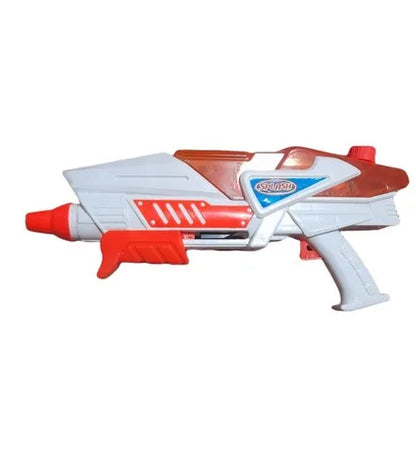 Space-themed water squirt toy blaster, red and white plastic body, pump handle