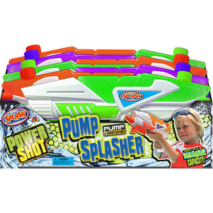 Water squirt blaster toy in colorful retail box, green and purple design