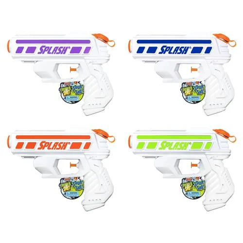 Plastic squirting toy gun set, white body with orange nozzle and multicolor stripe barrels