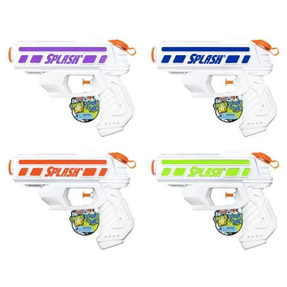 Plastic squirting toy gun set, white body with orange nozzle and multicolor stripe barrels