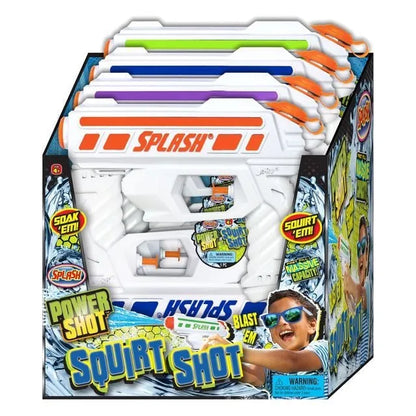 Kids squirting toy gun in retail box, white gun with blue and green top stripes