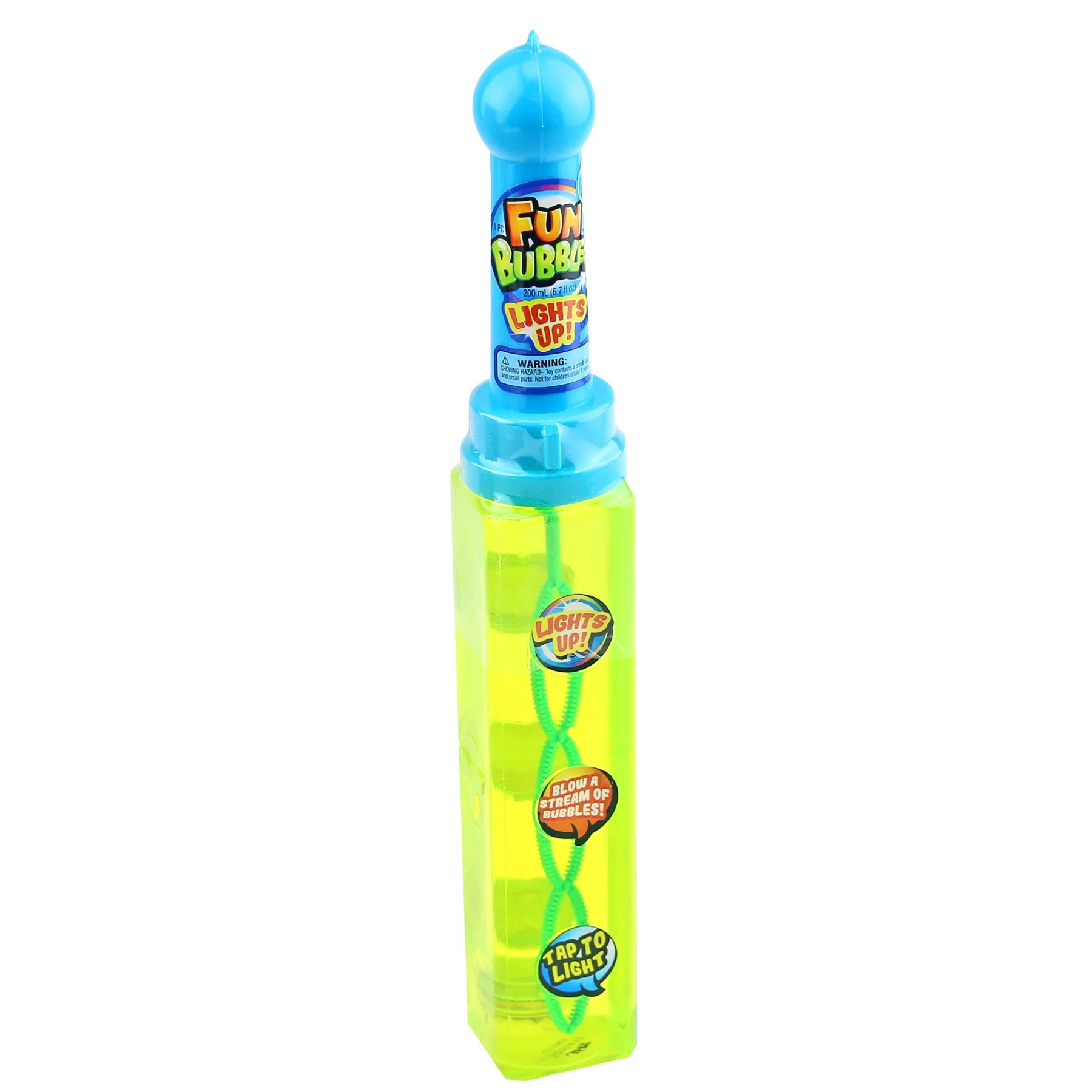 Light-up bubble wand with blue bubble nozzle and clear lime wand handle