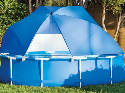Blue pool canopy over a round metal frame pool with four hanging support straps