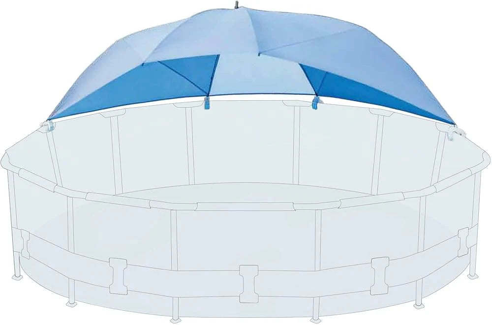 Blue pool canopy tent top with corner attachment straps for a round metal frame pool
