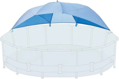 Blue pool canopy tent top with corner attachment straps for a round metal frame pool
