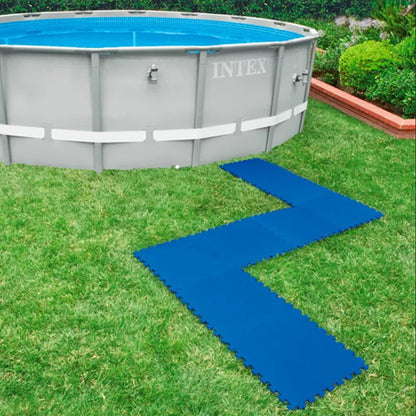 Interlocking padded floor protector tiles, blue, connected section layout
